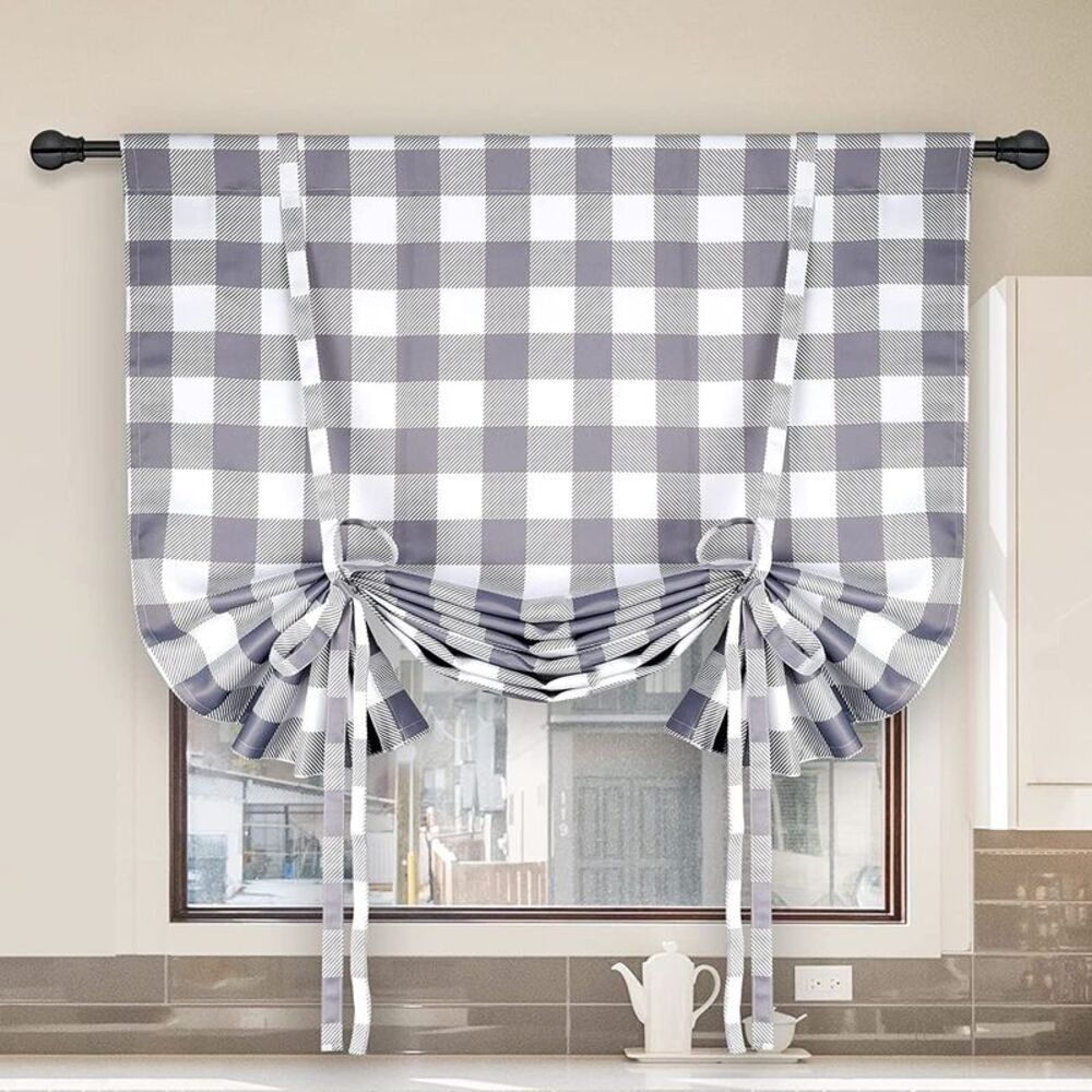 Simple Deluxe Buffalo Check Gathered Window Curtain Pair of 2 -Plaid Light